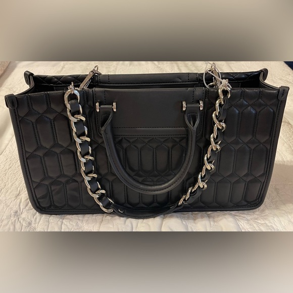 Steve Madden Black Quilted Tote with Silver Chain Straps - Picture 3 of 5
